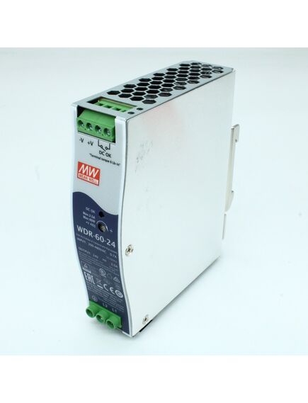 WDR-60-24, преобразователь ac-dc на din-рейку 60вт, выход 24в/0…2.5a, рег. вых=24…29в, вход 180…550v ac, 47…63гц /254…780v dc, изоляция 3000в ac, в кожухе 32х125.2х102мм, -30…+85°с