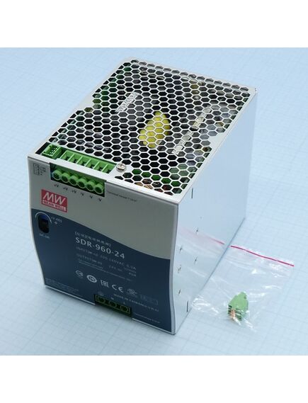 SDR-960-24, преобразователь ac-dc на din-рейку 960вт, ккм, выход 24в/40a, рег. вых 24...28в, вход 180…264в ac, 47…63гц/254...370в dc, изоляция 3000в ac, в кожухе 110х125.2х150мм, -30…+70°с