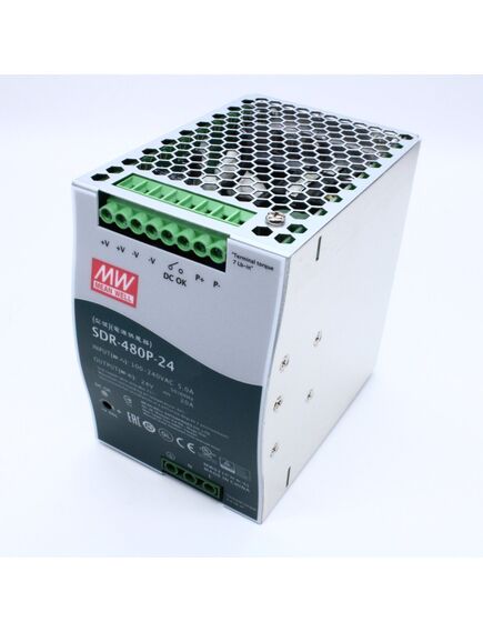 SDR-480P-24, преобразователь ac-dc на din-рейку 480вт, выход 24в/0...20a, рег.вых=24...28в, вход 90…264vac, 47…63гц / 127…370vdc, изоляция 3000v ac, в кожухе : 85.5х125.2х128.5мм, -25…+70°с, возможность параллельного подключения