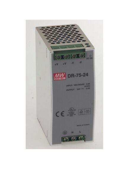 DR-75-24, преобразователь ac-dc на din-рейку 75вт, выход 24в/3.2a, рег. вых=±10%uном, вход 85…264v ac, 47…63гц /120…370в dc, изоляция 3000в ac, в кожухе 100х56х125мм, -10…+50°с