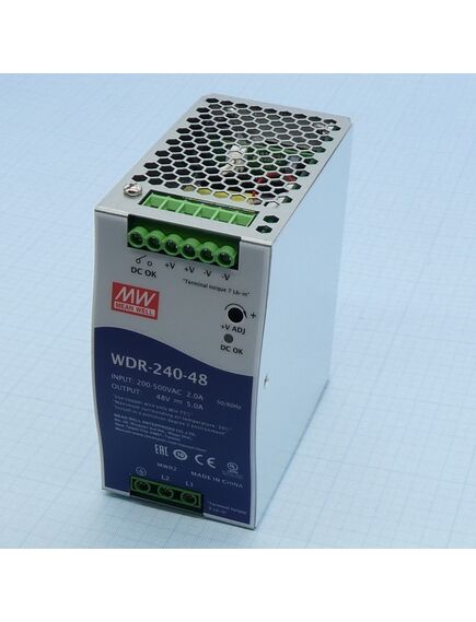 WDR-240-48, преобразователь ac-dc на din-рейку 240вт, вход 180…550v ac, 47…63гц /254…780v dc, выход 48в/0…5a, рег. вых=48…55в, изоляция 3000в ac, в кожухе 63х125.2х113.5мм, -30…+70°