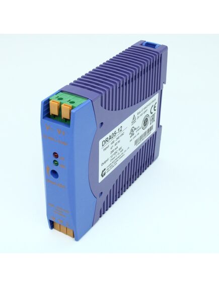 DRA05-12, преобразователь ac-dc на din-рейку 5вт, выход 12в/0.42a, рег. вых 10.8…13.8в, вход 90…265v ac, 47…63гц / 120...370v dc , изоляция 3000v ac, : 115х90х23мм, -20…+71°с, пружинные клеммы