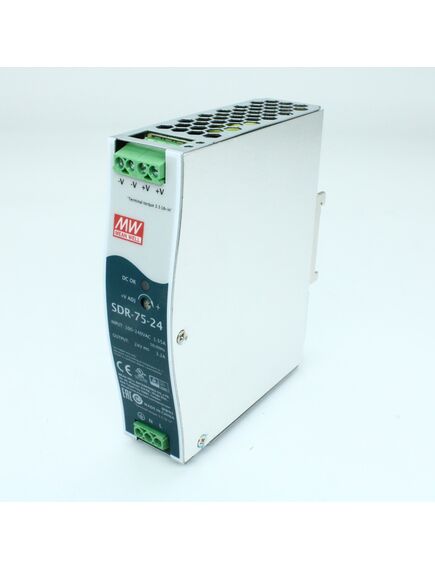 SDR-75-24, преобразователь ac-dc на din-рейку 75вт, выход 24в/3.2a (пиковый 4.69а), рег. вых 24…28в, вход 88…264v ac, 47…63гц /124…370в dc, изоляция 3000в ac, в кожухе 32х125.2х102мм, -30…+70°с