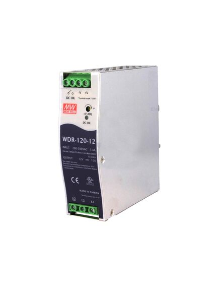 WDR-120-12, преобразователь ac-dc на din-рейку 120вт, выход 12в/0…10a, рег. вых=12…15в, вход 180…550v ac, 47…63гц /254…780v dc, изоляция 3000в ac, в кожухе 40х125.2х113,5мм, -25…+70°с