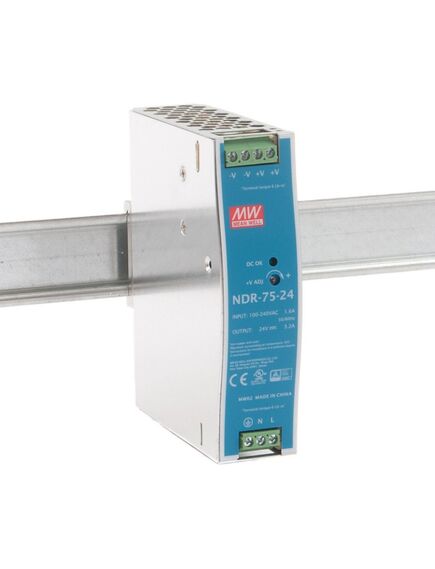 NDR-75-24, преобразователь ac-dc на din-рейку 77вт, вход 90…264v ac, 47…63гц /127…370в dc, выход 24в/3.2a, рег. вых 24…28в, изоляция 3000в ac, в кожухе 32х125.2х102мм, -20…+60°с