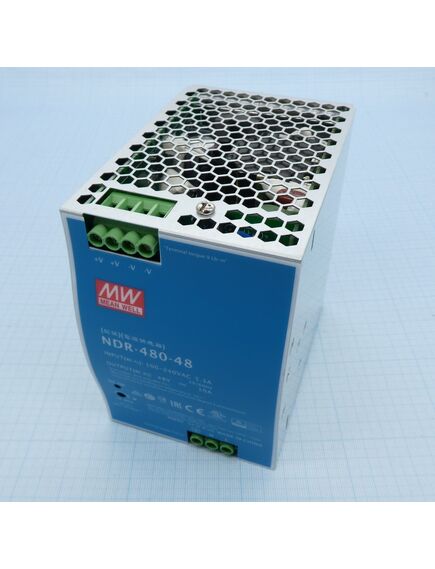 NDR-480-48, преобразователь ac-dc на din-рейку 480вт, выход 48в/10a, рег. вых 48…55в, вход 90…264v ac, 47…63гц /127…370в dc, изоляция 3000в ac, в кожухе 63х125.2х113.5мм, -20…+70°с