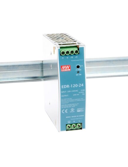 EDR-120-24, ac-dc, 120вт, вход 90…264v ac, 47…63гц /127…370в dc, выход 24в/5a, рег. вых 24…28в, изоляция 3000в ac, в кожухе на din-рейку 40х125.2х102мм, -20…+60°с