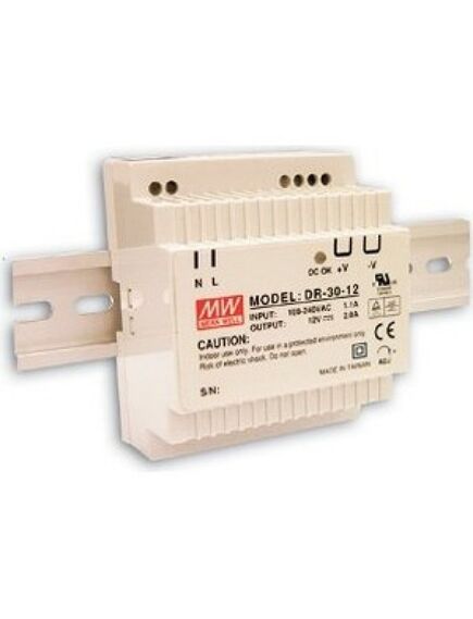 DR-30-12, преобразователь ac-dc на din-рейку 24вт, выход 12в/0…2a, рег. вых=±10%uном, вход 85…264v ac, 47…63гц /120…370в dc, изоляция 3000в ac, в кожухе 78х93х56мм, -20…+60°с