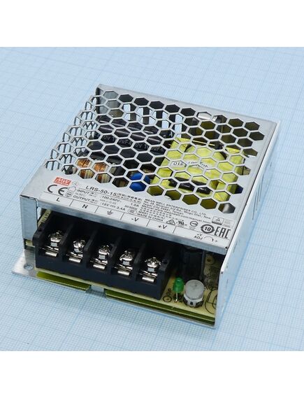 LRS-50-15, ac-dc, 51вт, вход 85…264в ac, 47…63гц / 120…370 в dc, выход 15в/3.4a, рег. вых ±10% , изоляция 3750в ac, в кожухе 99х82х30мм, -30…+70°с
