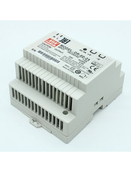 DR-60-24, преобразователь ac-dc на din-рейку 60вт, выход 24в/0…2.5a, рег. вых=±10%uном, вход 85…264v ac, 47…63гц /120…370в dc, в кожухе 78х93х56мм, -20…+50°с