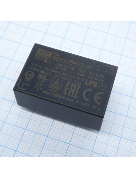 IRM-03-24, ac-dc,3вт, вход 85…305в ac 47...440 гц, 120...370b dc, выход 24в/125ма, изоляция 3000в ac, в корпусе на плату 37х24х15мм, -30...+85°c, монтаж в отверстия