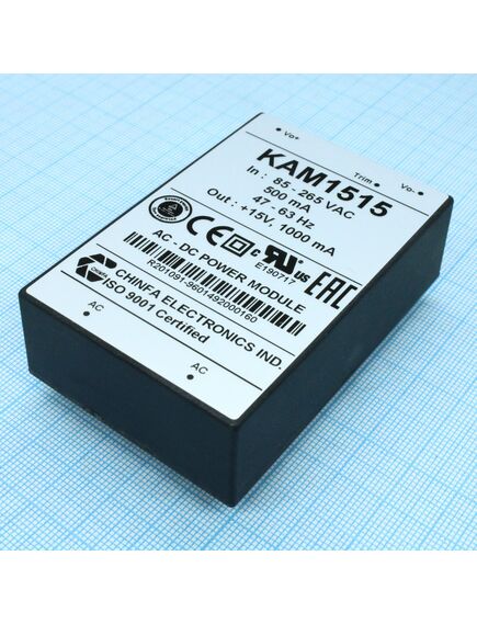 KAM1515, ac-dc, 15вт, выход 15в/1a, рег. вых=±10%uном, вход 85…265v ac, 47…63гц / 120...370v dc, изоляция 3000v ac, в кожухе 76х51х23мм, -20…+50°с
