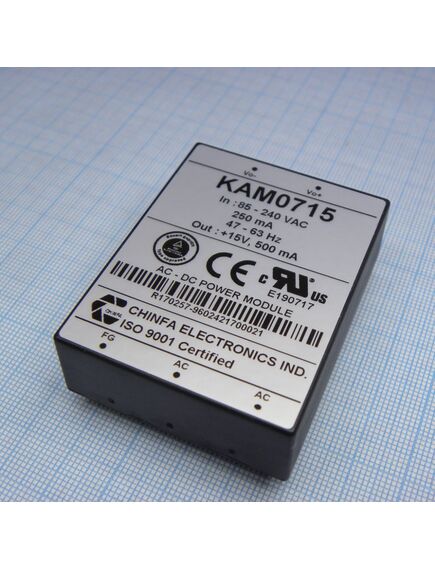 KAM0715, ac-dc, 7вт, выход +-15в/+-0.25a, вход 85…265v ac, 47…63гц / 120...370v dc, изоляция 3000v ac, в кожухе 58х45х19мм, -20…+50°с