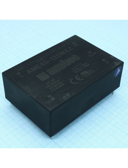 AME40-12DMAZ, ac-dc, 40вт, два выхода ±12в/±1,66a, вход 90…260v ac, 47…440гц / 120...370v dc, изоляция 4000v ac, в кожухе 65х46х21мм, -40…+80°с