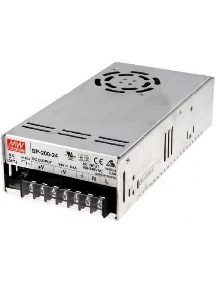 SP-200-24, ac-dc, 200вт, выход 24в/8.4a, рег. вых=±10%uном, вход 85…264v ac, 47…63гц /120…370в dc, ккм, изоляция 3000в ac, в кожухе 199х99х50мм, -10…+60°с