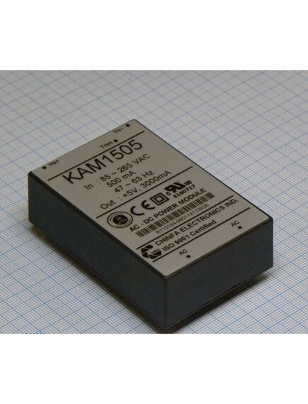 KAM1505, ac-dc, 15вт, выход 5в/3a, рег. вых=±10%uном, вход 85…265v ac, 47…63гц / 120...370v dc , изоляция 3000v ac, в кожухе 76х51х23мм, -20…+50°с