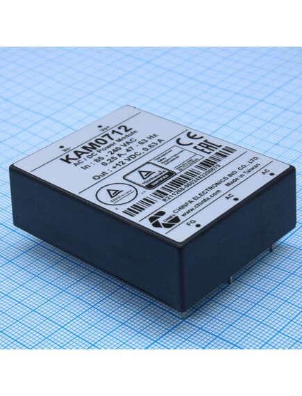KAM0712, ac-dc, 7вт, выход 12в/0.63a, вход 85…265v ac, 47…63гц / 120...370v dc, изоляция 3000v ac, в кожухе 58х45х19мм, -20…+50°с