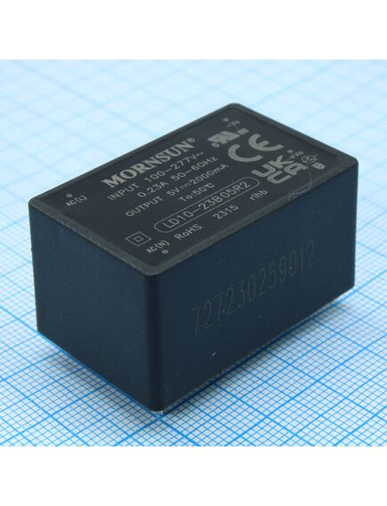 LD10-23B05R2, ac-dc, 10вт, вход 85…305в ac 47…63 гц, 100…430b dc, выход 5в/2а, изоляция 4000в ac, кпд 79%, в корпусе на плату 40х25.4х21мм, -40...+85°c