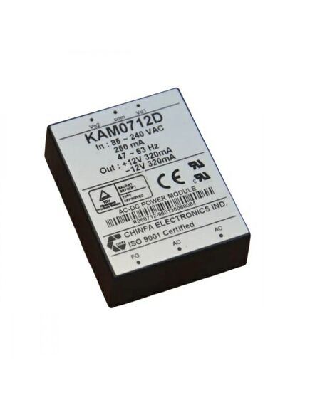 KAM0712D, ac-dc, 7вт, 2 выхода ±12в/±0.32а, вход 85…265vac, 47…63гц / 120...370vdc, изоляция 3000v ac, в кожухе 58х45х18.5мм, -20…+50°с