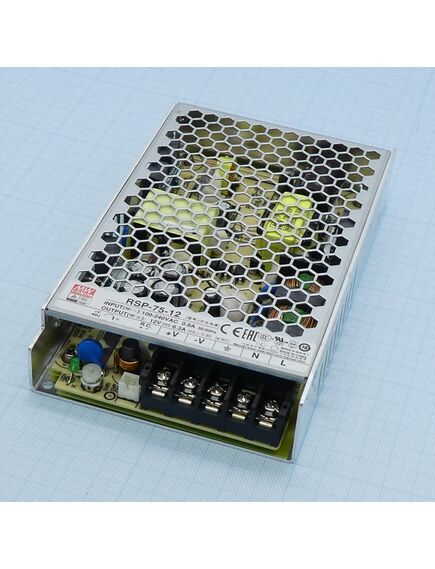 RSP-75-12, ac-dc, 75.6вт, ккм, вход 85…264v ac, 47…63гц /120…370в dc, выход 12в/6.3a, рег. вых 11.4…13.2в, изоляция 3000в ac, в корпусе 159х97х30мм, -25…+70°с