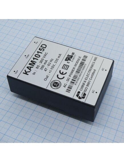 KAM1015D, ac-dc, 10вт, выход +-15в/0.32a, рег. вых=±10%uном, вход 85…265v ac, 47…63гц / 120...370v dc, изоляция 3000v ac, в кожухе 76х51х23мм, -20…+50°с
