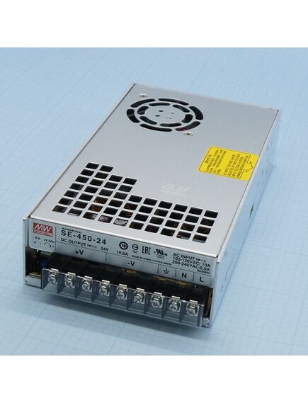 SE-450-24, ac-dc, 451.2вт, вход 180...264vac, 47...63гц / 254...370vdc, выход 24в/18.8a, рег. вых 21.6...28.5в, изоляция 3000в ac, в кожухе 225x124х50мм, -10…+60°с