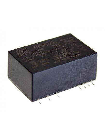 IRM-03-15S, ac-dc,3вт, вход 85…305в ac 47...440 гц, 120...370b dc, выход 15в/200ма, изоляция 3000в ac, в корпусе на плату 37х24х15мм, -30...+85°c, smd