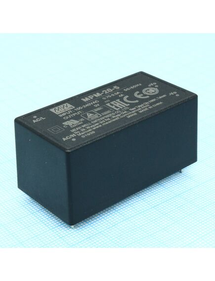 MPM-20-5, ac-dc med, 20вт, вход 80...264в ac 47...440 гц, выход 5в/4а, изоляция 4000в ac, на плату, 52.4х27.2х24мм, -40...+85°c