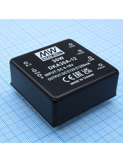 DKA30A-12, dc-dc, 30вт, вход 9…18в, выход ±12в/±125…1250ма, trim, emi filter, кпд=80%, изоляция 1000в dc, 50.8х50.8x21мм, -40…+85°с