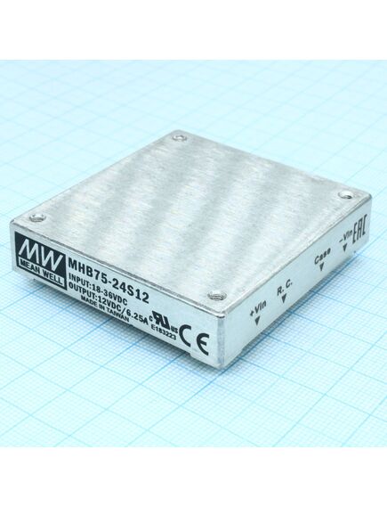 MHB75-24S12, dc-dc, 75вт, вход 18…36в, выход 12в/6.25а, рег.выхода ±10%, кпд 88%, до 10000мкф, on/off, изоляция 1500в dc, в корпусе на плату, half-brick, 57.9х61x12.7мм, -40…+100°с