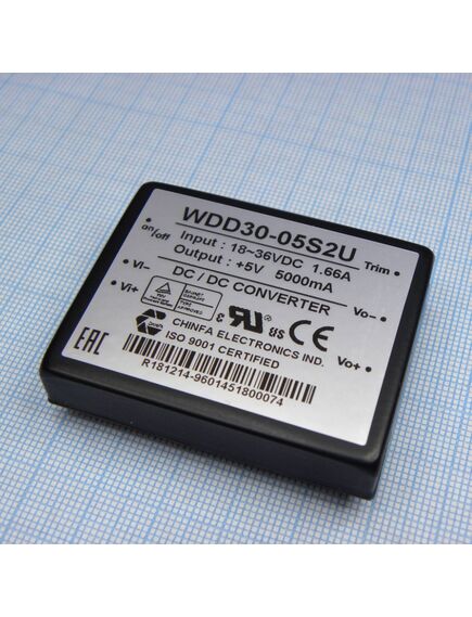 WDD30-05S2U, dc-dc, 30вт, uвх=18...36в, uвых=5в/5а, изоляция 1500в dc, 50.8x40.6х10.2 мм, -40°с…+61°с