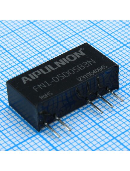 FN1-05D05B3N, dc/dc, 1вт, вход 4.5…5.5в, выход ±5в/±0.1а, изоляция 3000в dc, кпд 76…80%, максимальная емкостная нагрузка не более 220мкф, sip7, 19.65x6x10мм, -40…105°c, пластик