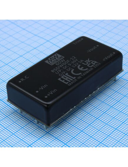 RSDW60F-12, dc/dc, 60вт, вход 9…36в, выход 12в/5а, изоляция 3000в dc, кпд 91%, максимальная емкостная нагрузка не более 5850мкф, 2x1", 50.8x25.4x10.5мм, -40…85°c