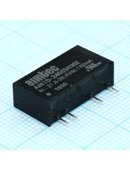 AM1D-2405SH30Z, dc/dc, 1вт, вход 21.6…26.4в, выход 5в/0.2а, изоляция 3000в dc, кпд 77%, максимальная емкостная нагрузка не более 220мкф, sip7, 19.5x6x10мм, -40…85°c, пластик