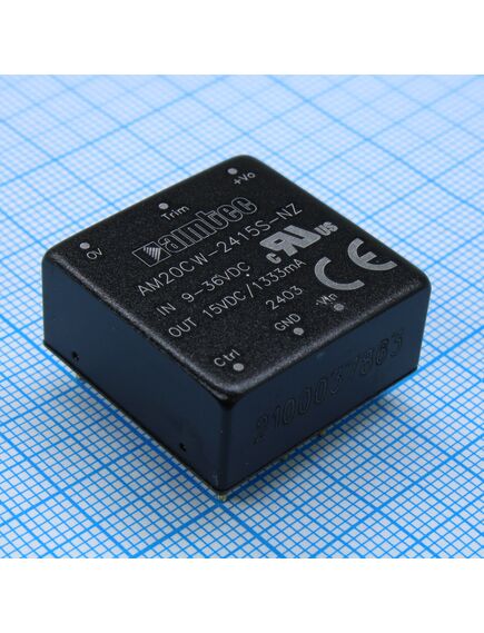 AM20CW-2415S-NZ, dc/dc, 20вт, вход 9…36в, выход 15в/1.333а, изоляция 1500в dc, кпд 91%, максимальная емкостная нагрузка не более 1000мкф, вход on/off, 1x1", 25.4x25.4x11.7мм, -40…85°c, металл