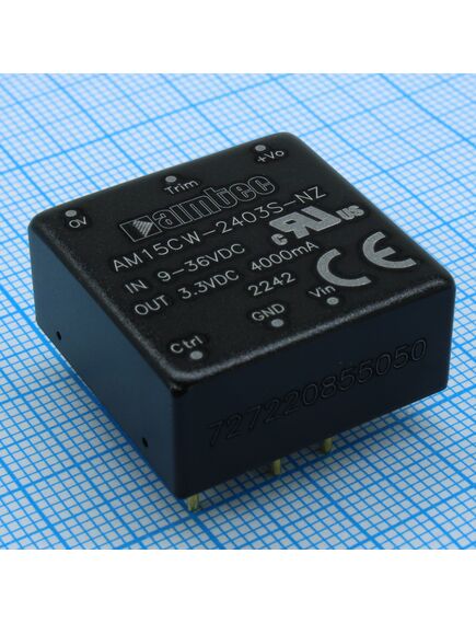 AM15CW-2403S-NZ, dc/dc, 15вт, вход 9…36в, выход 3.3в/4а, изоляция 1500в dc, кпд 88%, максимальная емкостная нагрузка не более 4700мкф, вход on/off, 1x1", 25.4x25.4x11.7мм, -40…105°c, пластик