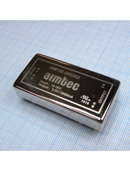 AM15E-2403SZ, dc/dc, 9.9вт, вход 18…36в, выход 3.3в/3а, изоляция 1500в dc, кпд 80%, максимальная емкостная нагрузка не более 3300мкф, 2x1", 50.8x25.4x10.16мм, -40…85°c, металл
