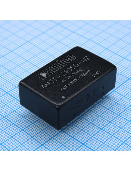 AM3T-2405D-NZ, dc/dc преобразователь 3 вт вход 18в...36в выход ±5в ±0.3а -40...85°c, дерейтинг при 85°c1500vdc 1500vdc mtbf 1000000 часов кпд 82% ёмк. нагрузка макс.±2200 мкф корпус dip24, алюминий установка на печатную плату 20x32x10.8 мм