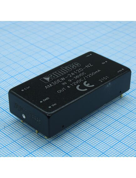 AM30EW-2412D-NZ, dc/dc преобразователь 30 вт вход 9~36в двуполярный выход -12в12в ±1.25а -40~80 ?c, дерейтинг при 50 ?c1500vdc 1500vdc mtbf 1000000 часов кпд 89 % ёмк. нагрузка макс.1250 мкф корпус 2x1, алюминиевый сплав установка на печатную плату 25.4x5