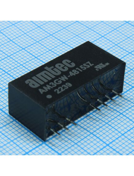 AM3GW-4815SZ, dc/dc, 3вт, вход 18…75в, выход 15в/0.2а, изоляция 1500в dc, кпд 84%, максимальная емкостная нагрузка не более 100мкф, вход on/off, sip9, 26x9.3x12.5мм, -40…85°c, пластик
