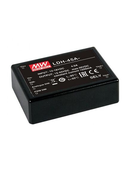 LDH-45A-1050DA, dc/dc led повышающий, вход 9…18в, выход 24…43в/1.05а, кпд до 91%, dali, 75x53x22.7мм, dip, -40…60°c, пластик