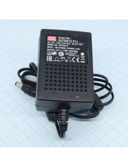GST25E12-P1J, ac-dc, 25вт, вход 85...264b ac 47...63 гц, выход 12b/2.08a, изоляция 3000в ac, 79x54x33мм, -30...+70°с, выходной разъем 11, диам. 5.5х2.1мм