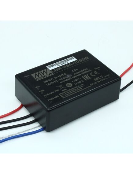 LDH-45A-1050W, dc/dc led повышающий, вход 9…18в, выход 12…43в/1.05а, кпд до 91%, вход on/off/dimm, 75x53x22.7мм, проводные выводы, -40…60°c, пластик