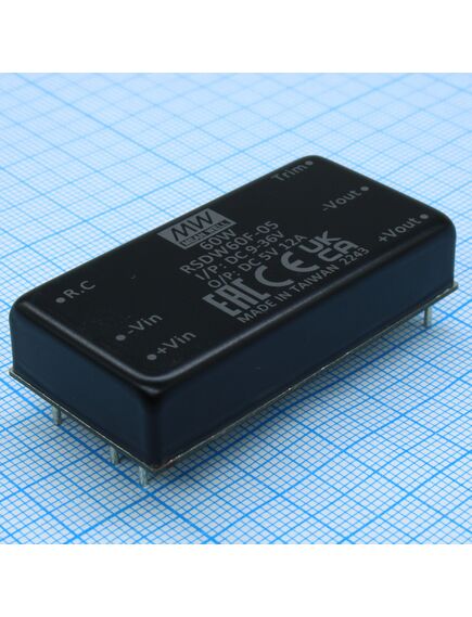 RSDW60F-05, dc/dc, 60вт, вход 9…36в, выход 5в/12а, изоляция 3000в dc, кпд 90%, максимальная емкостная нагрузка не более 28000мкф, 2x1", 50.8x25.4x10.5мм, -40…85°c