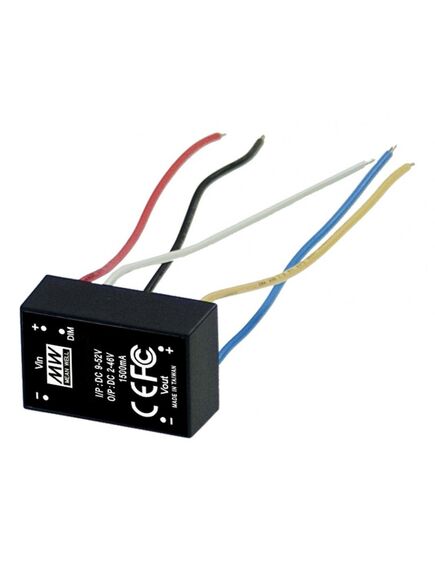 LDD-1500HW, dc/dc led понижающий, вход 9…52в, выход 2…46в/1.5а, кпд до 97%, вход on/off/dimm, 31.8x20.3x12.2мм, проводные выводы, -40…65°c, пластик