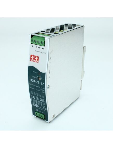 SDR-75-12, преобразователь ac-dc на din-рейку 75вт, выход 12в/6.3a (пиковый 9.375а), рег. вых 12...14в, вход 88…264v ac, 47…63гц /124…370в dc, изоляция 3000в ac, в кожухе 32х125.2х102мм, -30…+70°с
