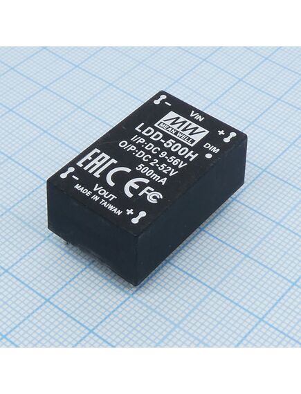 LDD-500H, dc/dc led понижающий, вход 9…56в, выход 2…52в/0.5а, кпд до 97%, вход on/off/dimm, 31.8x20.3x12.2мм, dip, -40…85°c, пластик