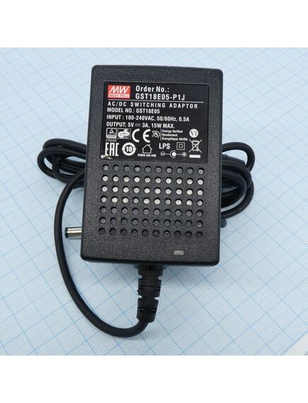 GST18E05-P1J, ac-dc, 15вт, вход 85...264b ac 47...63 гц, выход 5b/3a, изоляция 3000в ac, 79x54x33мм, -30...+70°с, выходной разъем 11, диам. 5.5х2.1мм