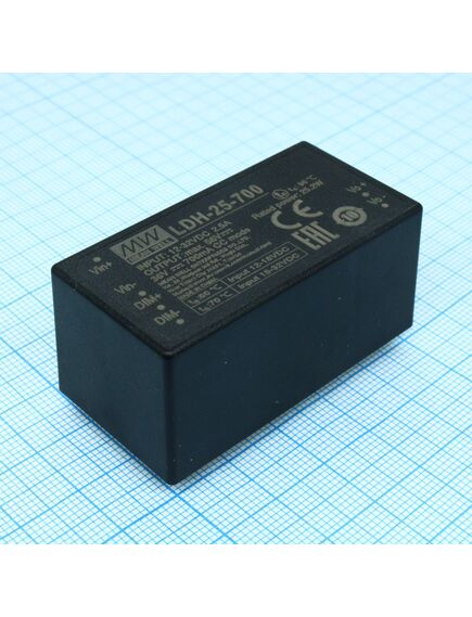 LDH-25-700, dc/dc led понижающий, вход 9.5…32в, выход 12.5…36в/0.7а, кпд до 95.5%, вход dimm 2 in 1, 52.4x27.2x24мм, dip, -40…70°c, пластик