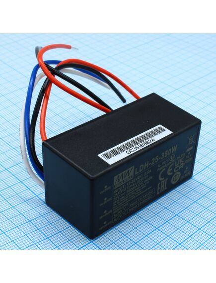 LDH-25-350W, dc/dc led понижающий, вход 9.5…32в, выход 12.5…72в/0.35а, кпд до 95%, вход dimm 2 in 1, 52.4x27.2x24мм, проводные выводы, -40…70°c, пластик